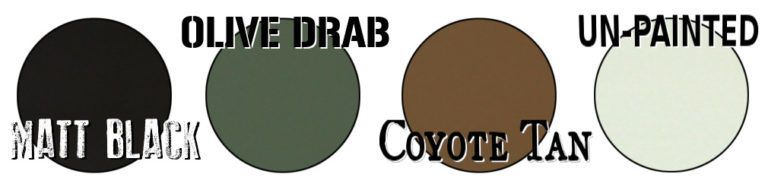North Arm Machete Co's colour option chart. Matt Black, Olive Drab, Coyote Tan and un-painted PVC